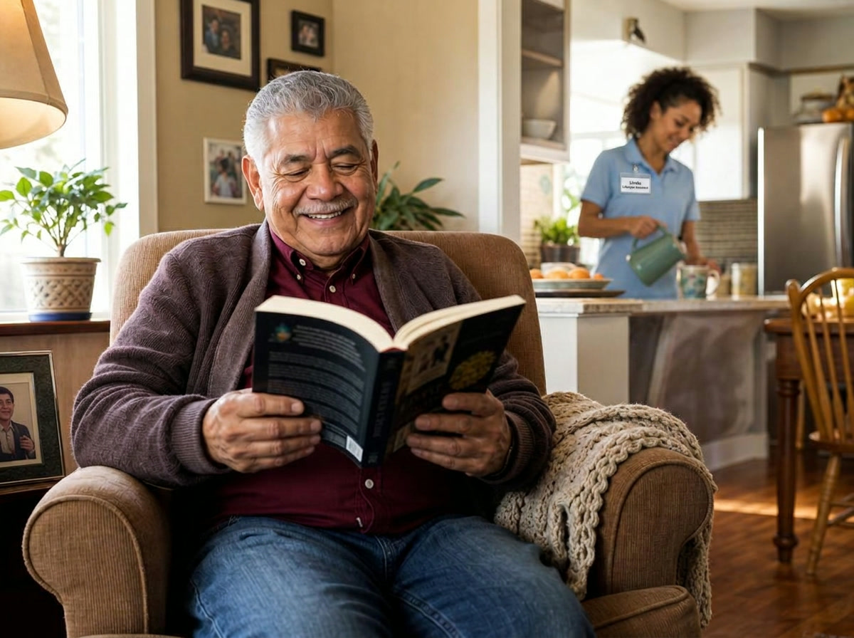 A senior relaxing at home while a caregiver prepares tea in the background