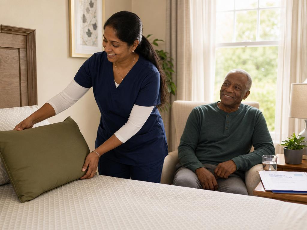 A caregiver helping a senior settle comfortably back home after a hospital stay
