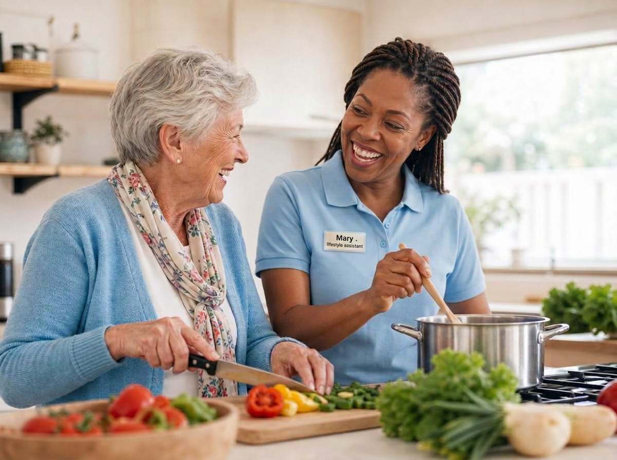 A caregiver and a senior preparing a healthy meal together in a bright kitchen